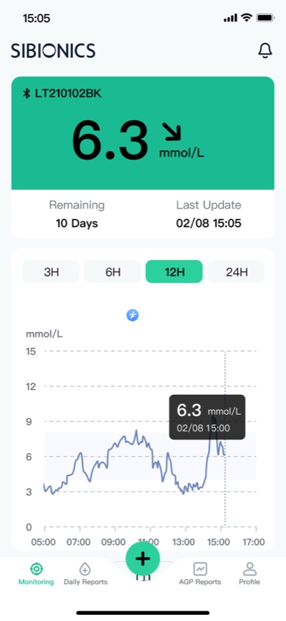 Tableau de bord de l'application mobile SiBionics